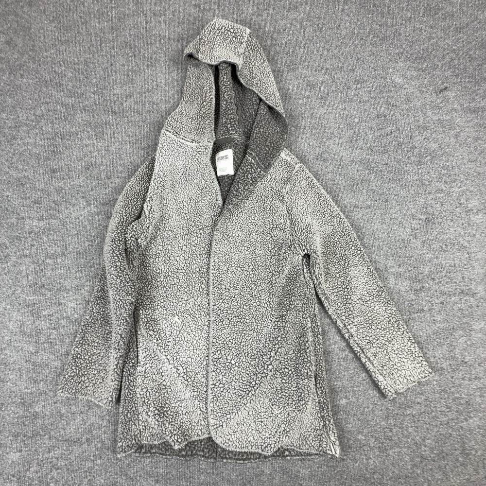 PINK Victoria's Secret Jacket Womens XS/S Gray Sherpa Fleece Hooded Open Front